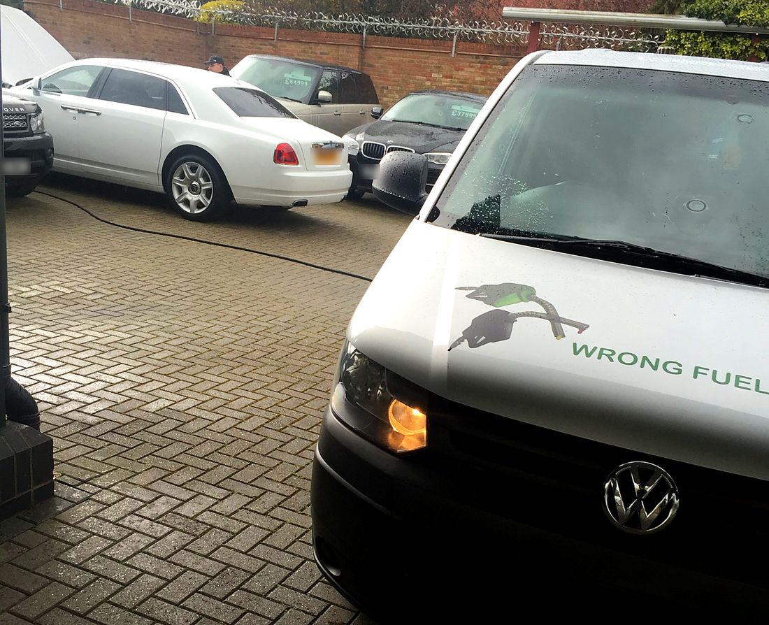 Wrong Fuel Doctor technician draining petrol from a diesel car in Rocester
