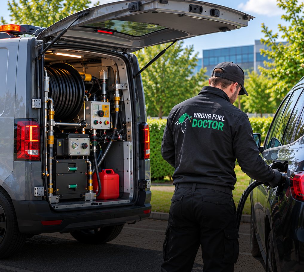 Wrong Fuel Doctor technician at a customer's car beside the van's fuel drain equipment